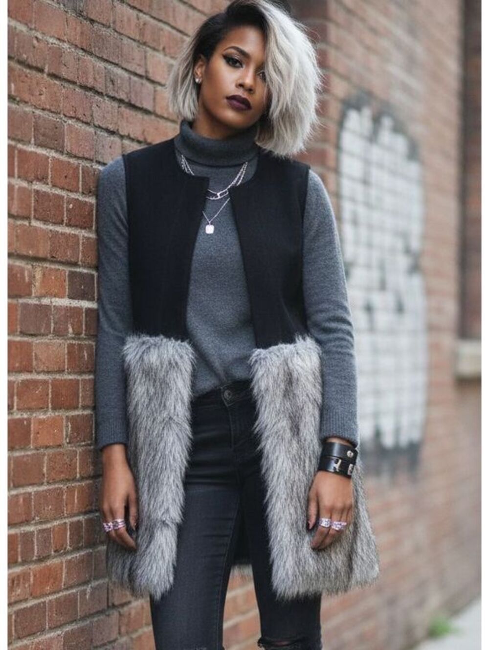 Women's Black & Grey Faux Fur Trim Vest Long Sleeveless Open Front Cardigan